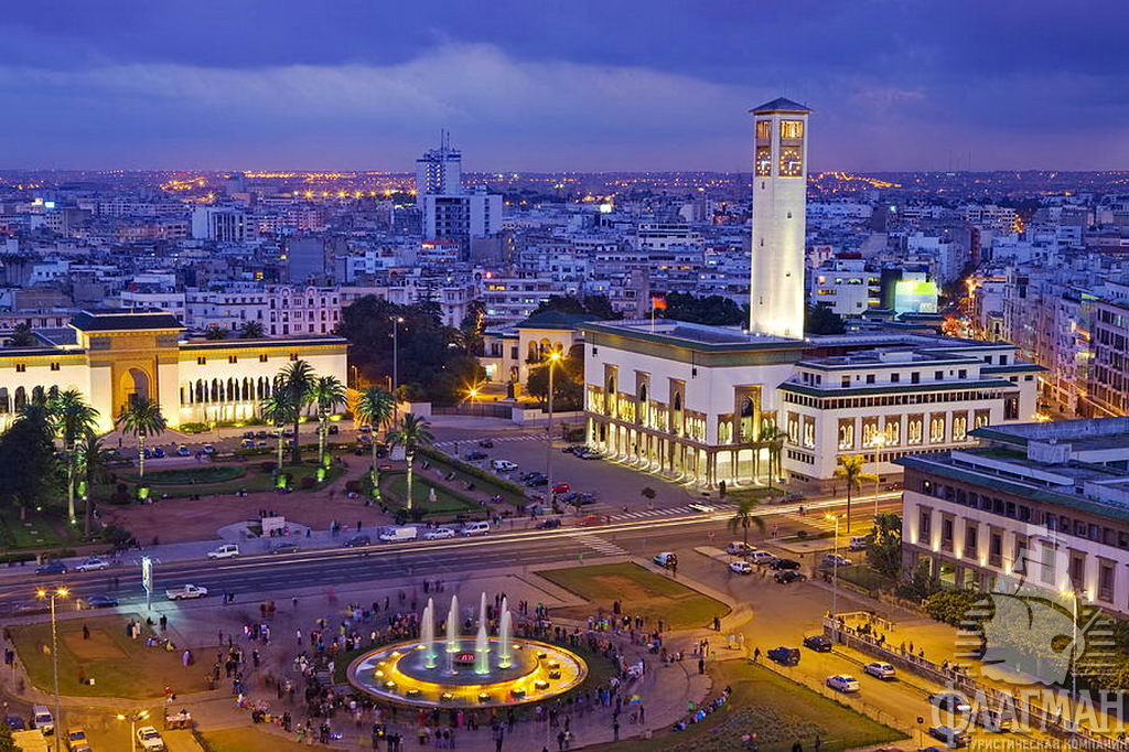 Панорама вечернего города, площадь Мохамеда V